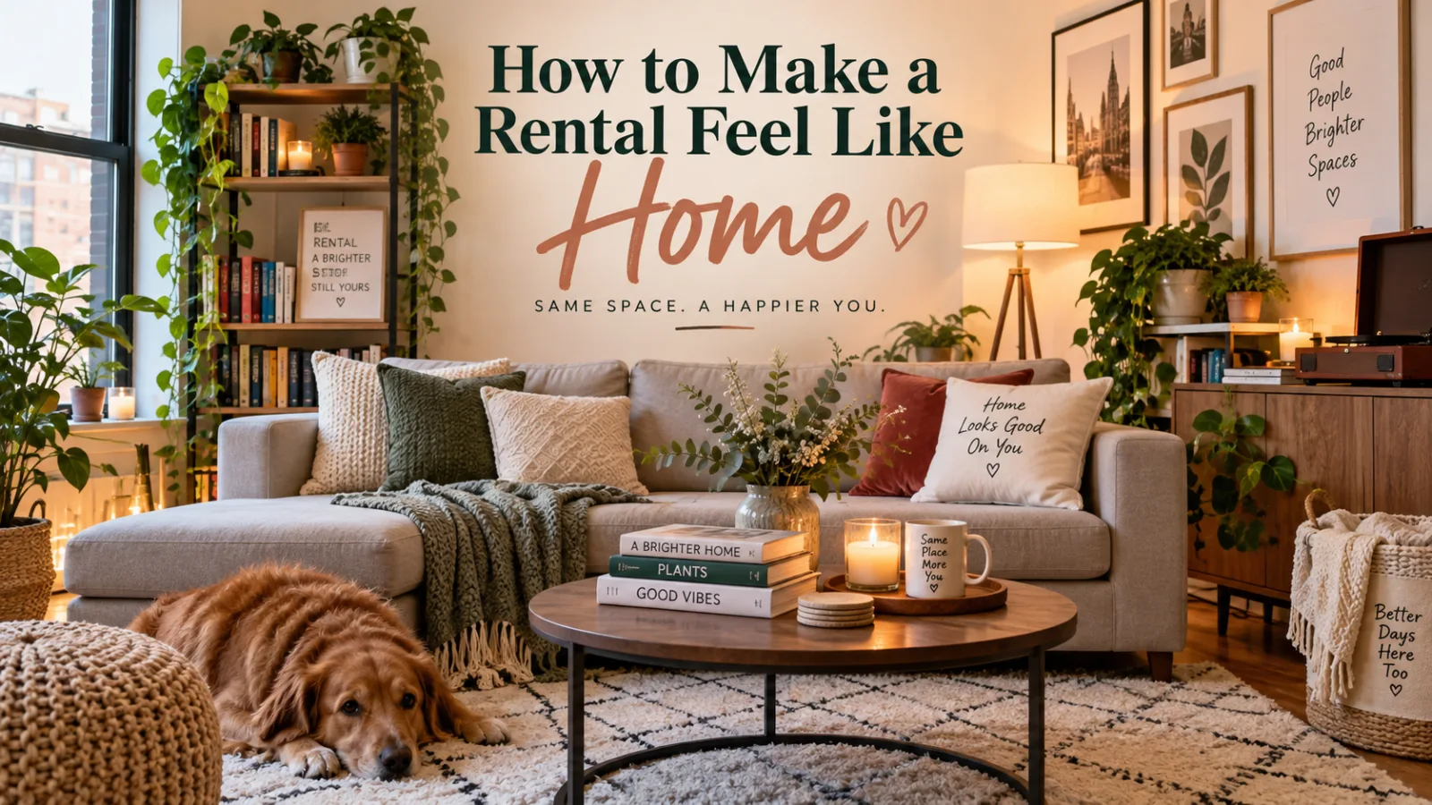 Cozy rental living room with plants, soft furnishings and renter-friendly décor ideas