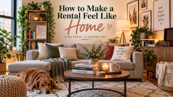 Cozy rental living room with plants, soft furnishings and renter-friendly décor ideas