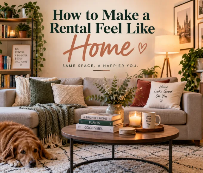 Cozy rental living room with plants, soft furnishings and renter-friendly décor ideas
