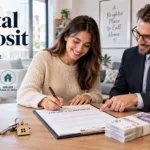 Tenant signing a tenancy agreement with a letting agent while paying a rental deposit in the UK