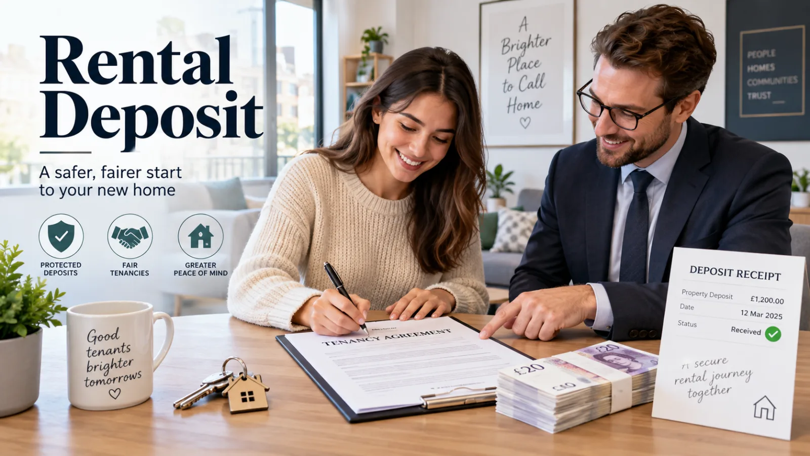 Tenant signing a tenancy agreement with a letting agent while paying a rental deposit in the UK