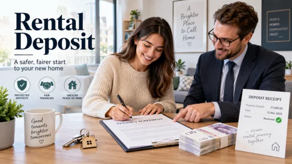 Tenant signing a tenancy agreement with a letting agent while paying a rental deposit in the UK