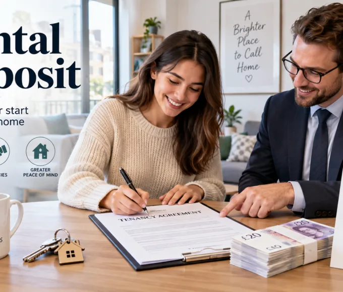 Tenant signing a tenancy agreement with a letting agent while paying a rental deposit in the UK